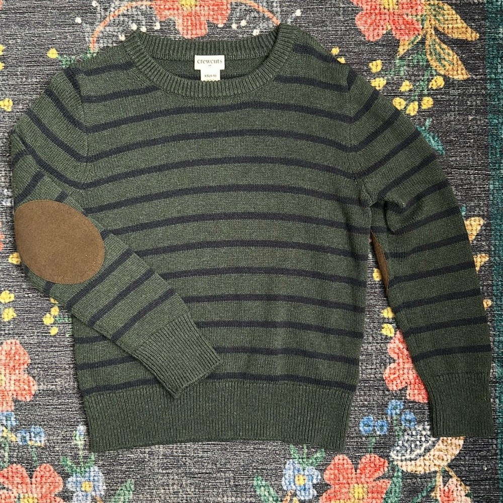 Crewcuts Boys Striped Crewneck Elbow-Patch Sweater, Size XS (4-5)